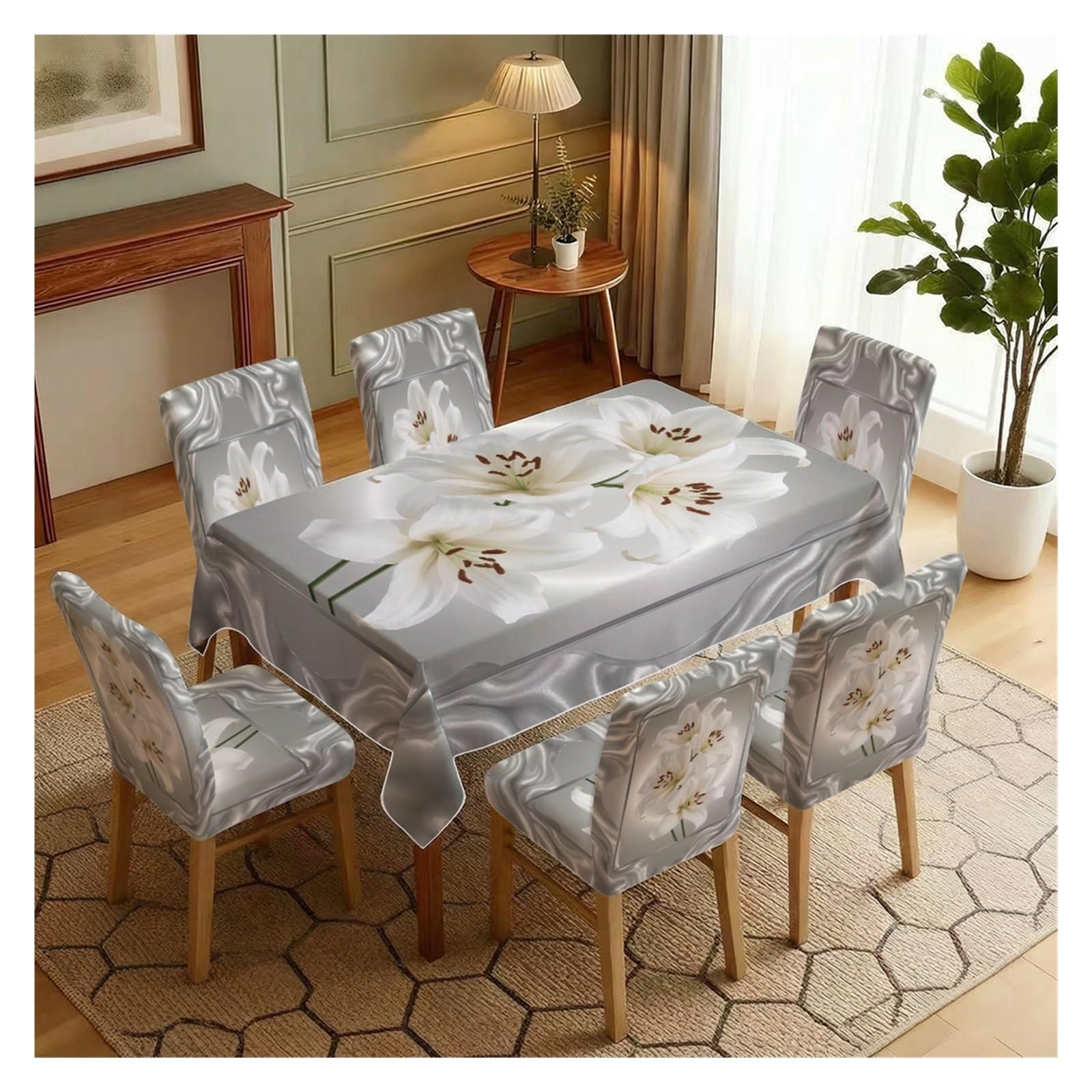 BOSUYBN Stretch Dining Chair Slipcovers And Tablecloth Set, Silver Texture White Lily Print, 5/7 Pack For Dining Room Modern Elegant Home Decor Table Setting(7pcs Set: Tablecloth+Chair Covers)
