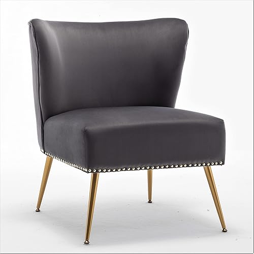 Miniatura 2 de Thia Silla decorativa de terciopelo sin brazos para sala de estar, asiento elegante con ribete de cabeza de clavo, patas de metal dorado y cómodo