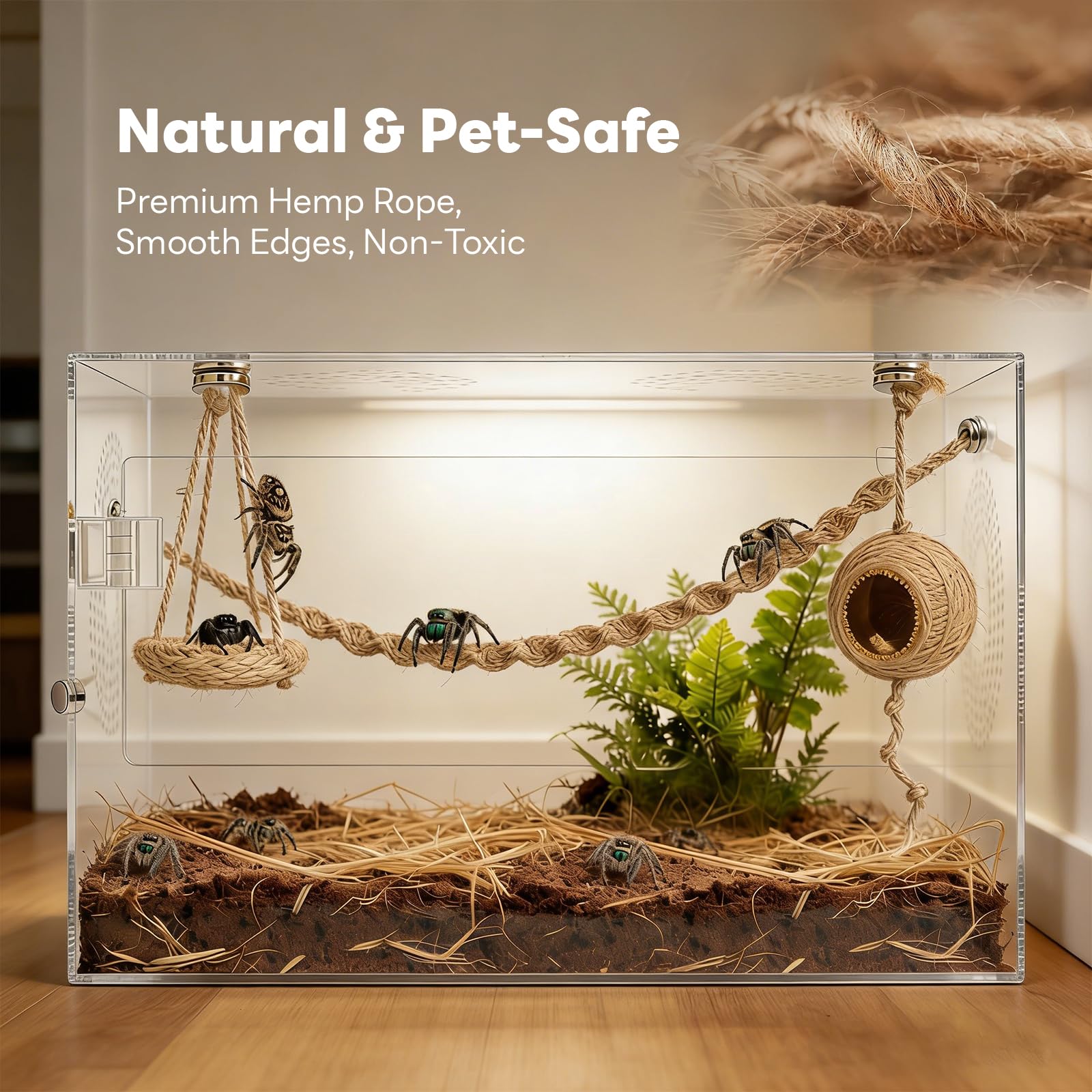15 Stück Magnetisches Springspinnen Zubehör Set,Jute Vertikale Hängematten & Aufhängbare,Nest aus Natürlichem Hanfseil 6 Moosband,Kletterschaukel Erkunden Klettern (Nicht enthalten Terrarium)