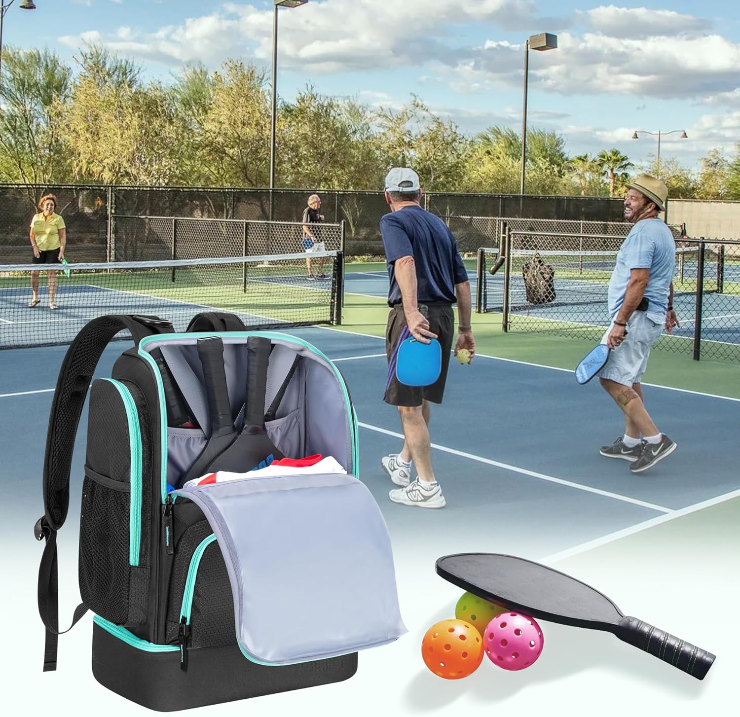 GOBUROS Pickleball Bags for Men Women, Pickleball Backpack for 4 Paddles with Shoe Compartment, Large Capacity Pickle Ball Equipment Bag, Black