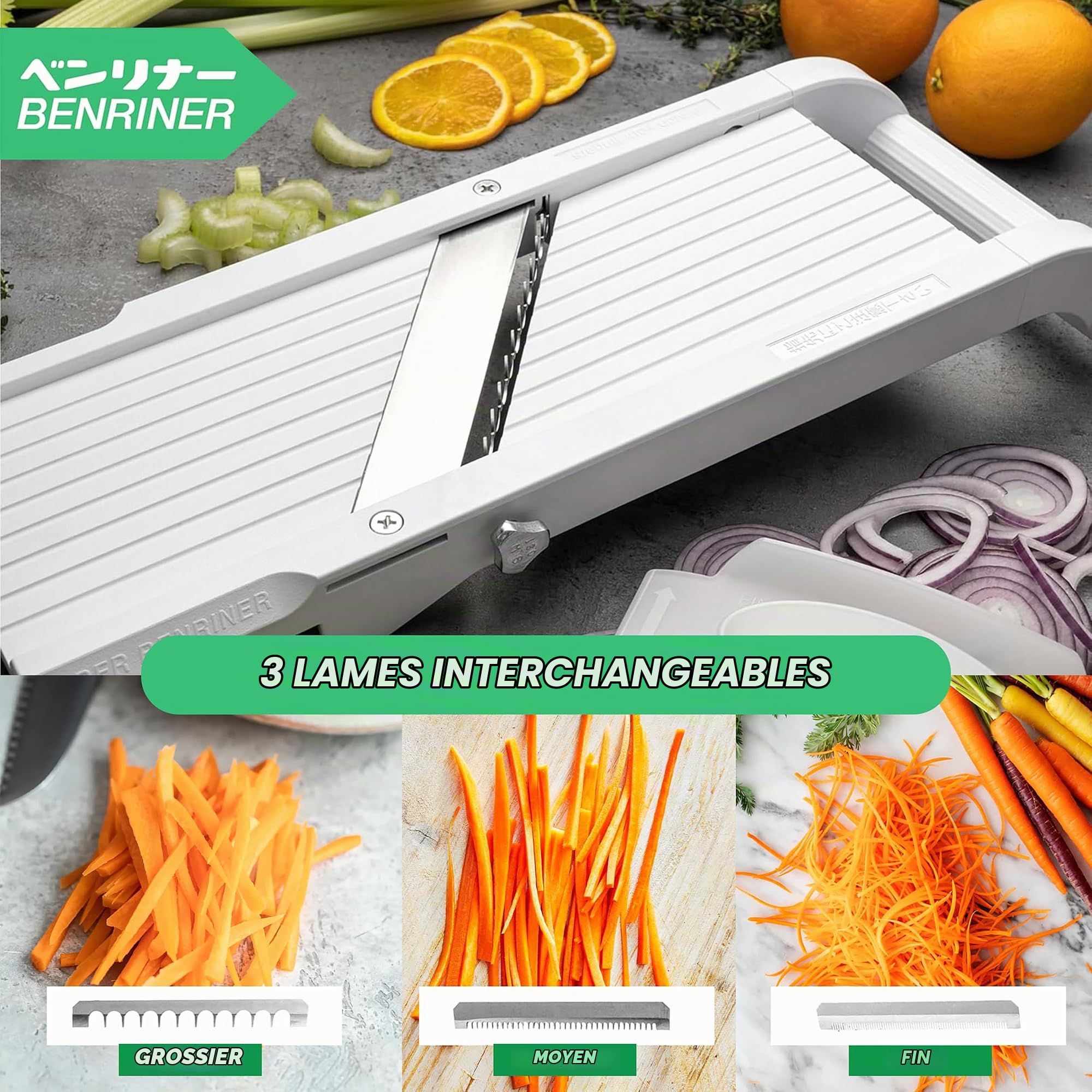 Benriner BN-64W-1 Mandoline, Blanc | 3 lames inox interchangeables pour trancher, râper et couper en julienne avec protection de sécurité