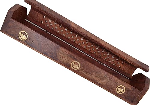 Miniatura 8 de Quemador de incienso de madera hecho a mano tallada de alta calidad con incrustaciones de latón de elefante, compartimento de almacenamiento oculto,