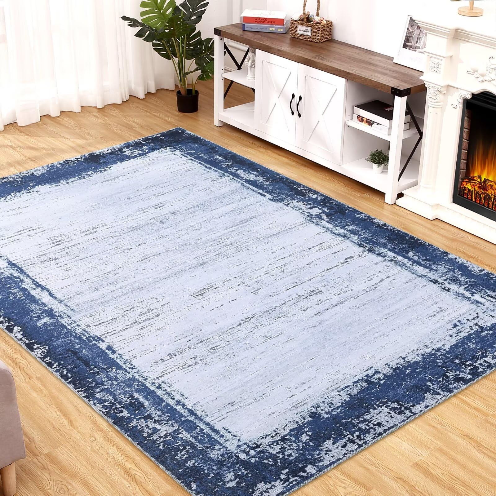GlowSolLiving Room Rug 8X10 Large Soft Machine Washable Modern Bordered Rug Indoor Carpet Non Slip Accent Rug Low Pile Foldable Rug for Dining Room Nursery Office, Navy