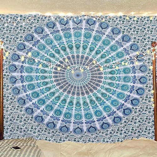 Miniatura 126 de Tapiz hippie indio bohemio psicodélico dorado mandala de pavo real azul dorado para colgar en la pared (naranja marrón, King (88 x 104 pulgadas)