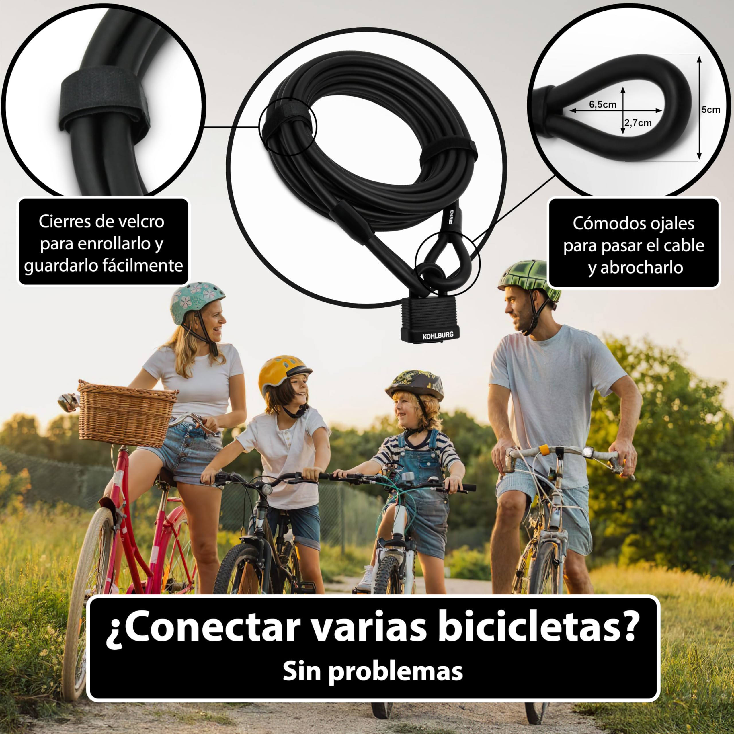 KOHLBURG Candado de cable antirrobo de 10 m, de acero, con 3 llaves – de cierre rápido, 1000 cm con bucle para bicicleta, candado patinete electrico, remolque, cochecito, muebles de jardín y barcos