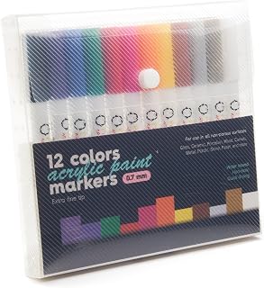 12 Fine Tip Acrylic Paint Pens - Craft Paint Markers for Painting Wood, Glass, Rock, Ceramic, Porcelain - Non Toxic Paint Markers pens with 0.7mm Tip