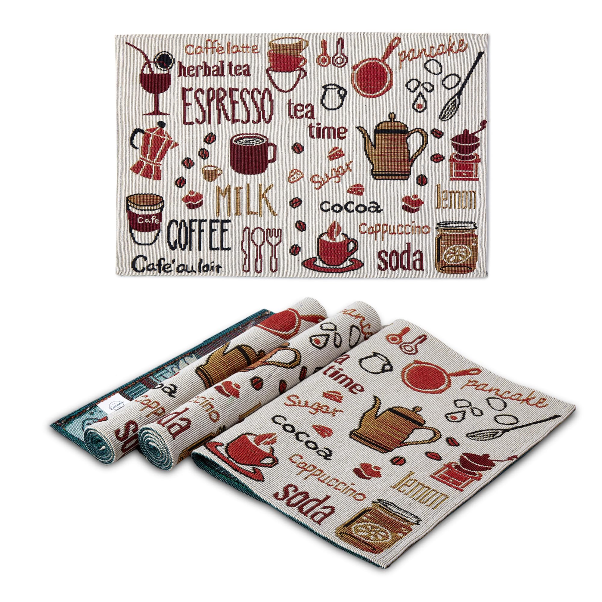 Encasa Juego de 4 manteles Individuales de Mesa Boho Jacquard - Café exprés Diseño | Estilo Vintage | Cada tamaño 48x32 cm | Tapiz Bohemio Tejido para cenar - Lavable a máquina