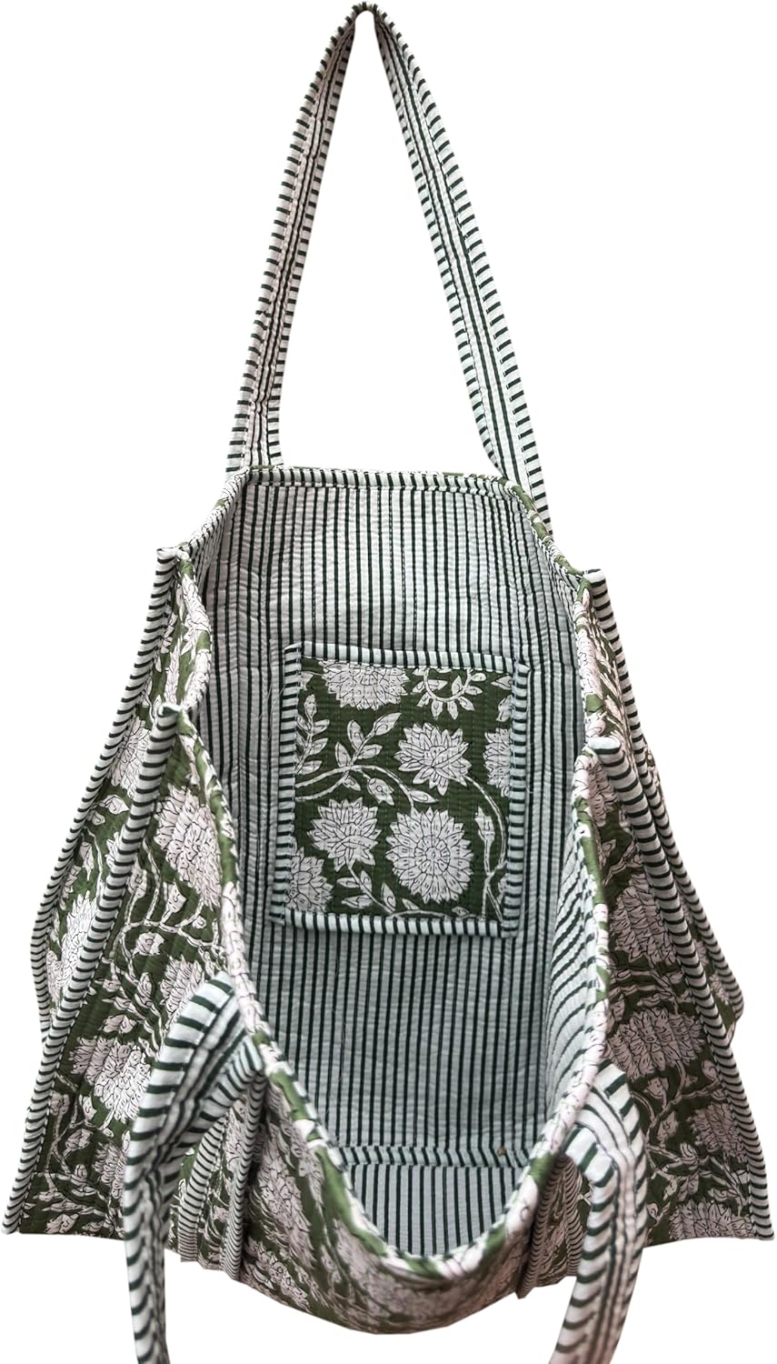 Quilted Cotton Hand printed Reversible Large multicolor cotton Tote Bag,Indian Handmade Block Printed Tote Bag Women Handbag - Image 4