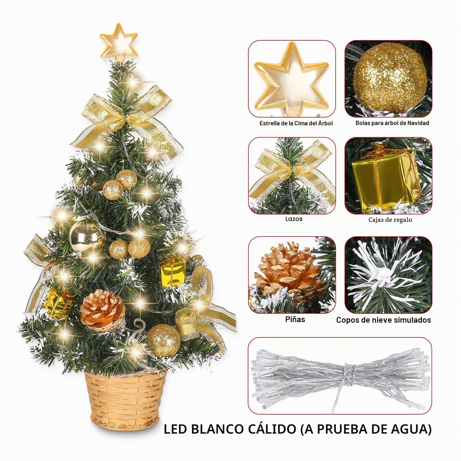 Árbol de Navidad pequeño Mrinb con Luces, Mini árbol de decoración de Escritorio para el hogar, Oficina, Bar de Compras, Dorado, Dorado