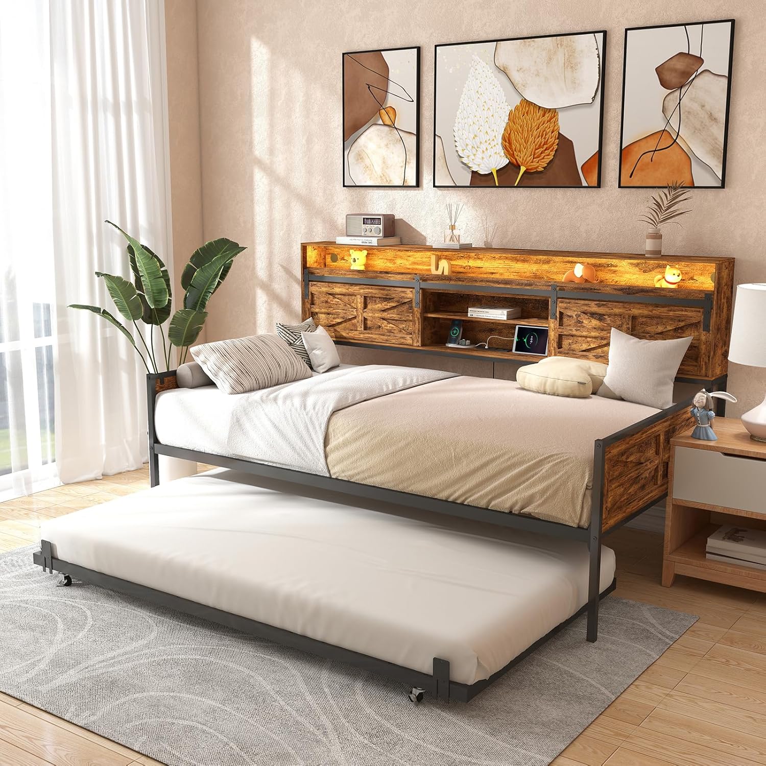 A rustic farmhouse twin daybed with a trundle bed pulled out, showing a mattress on both the main bed and the trundle.