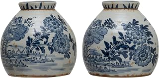 Creative Co-Op Decorative Stoneware Ginger Jar with Flower Prints and Distressed Finish, Blue and White