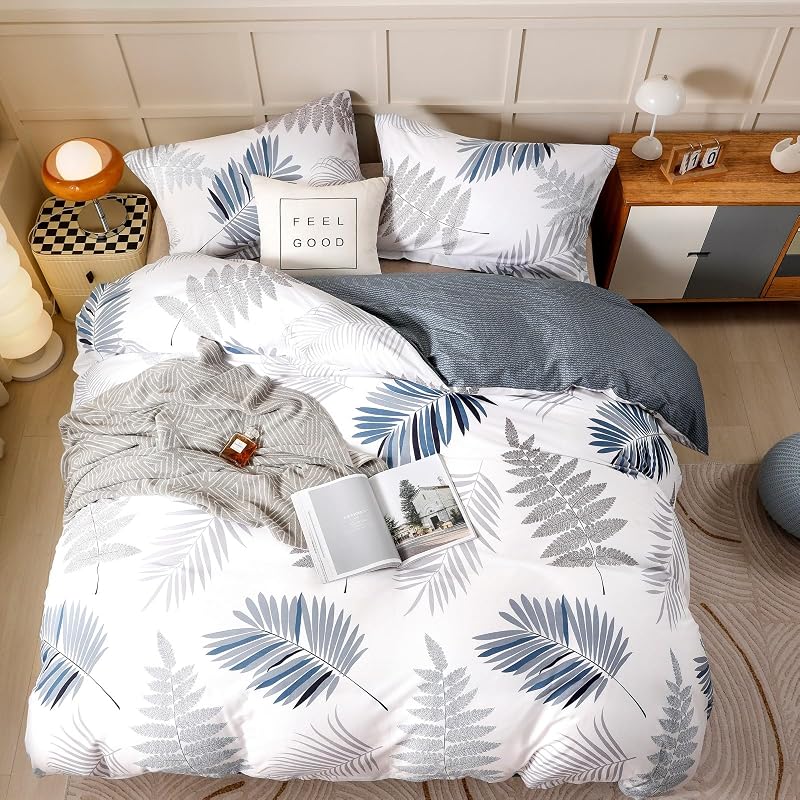 OAITE Queen Duvet Cover Set 3pcs 100% Cotton Blue Leaf image 3