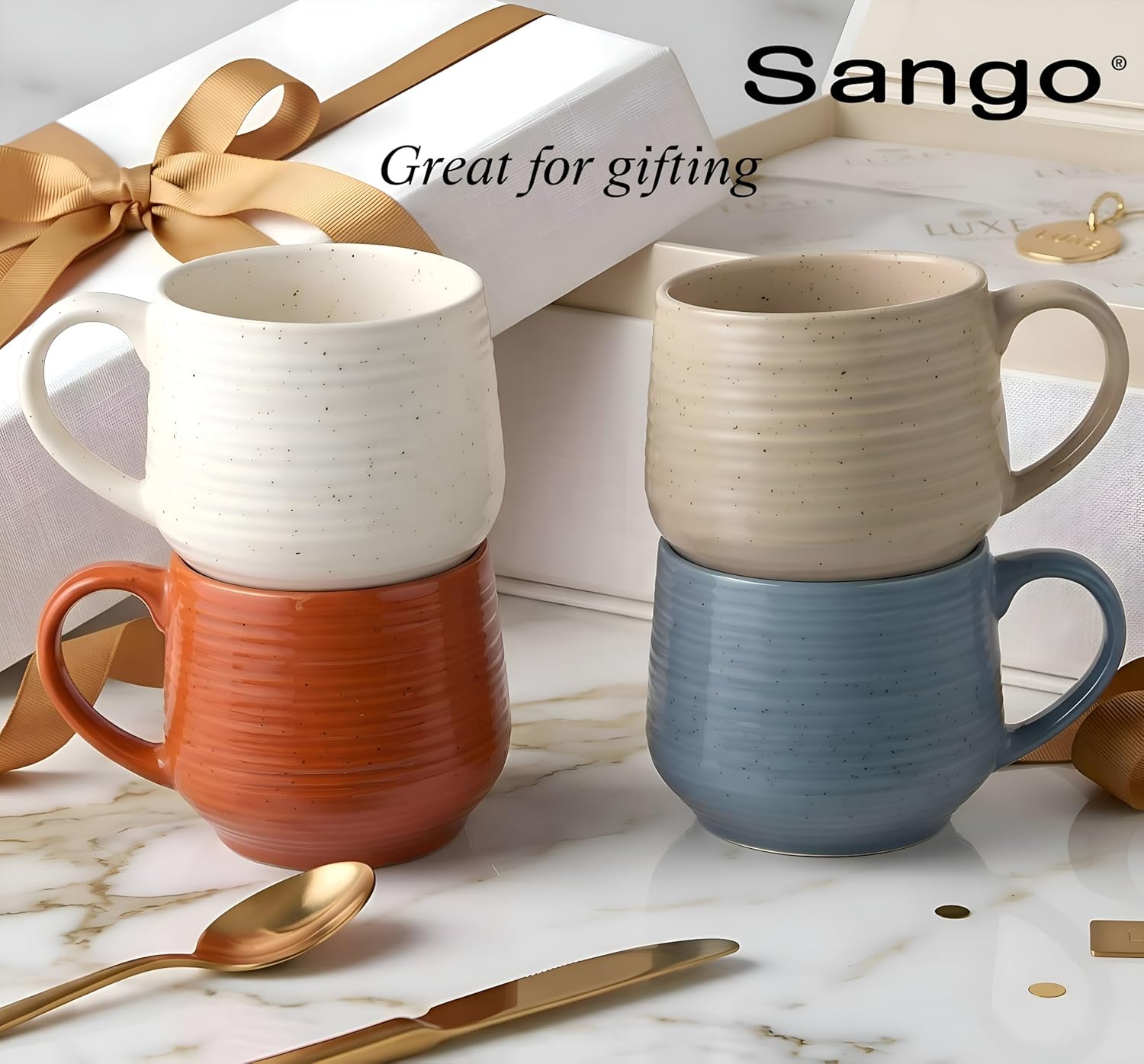 Sango 17.5 oz Stoneware Coffee Mugs Set of 4, Rustic Ceramic Mug with Speckled Reactive Glaze, Large Pottery Drinkware for Coffee or Tea, Dishwasher & Microwave Safe Mugs, Siterra Painter’s Palette