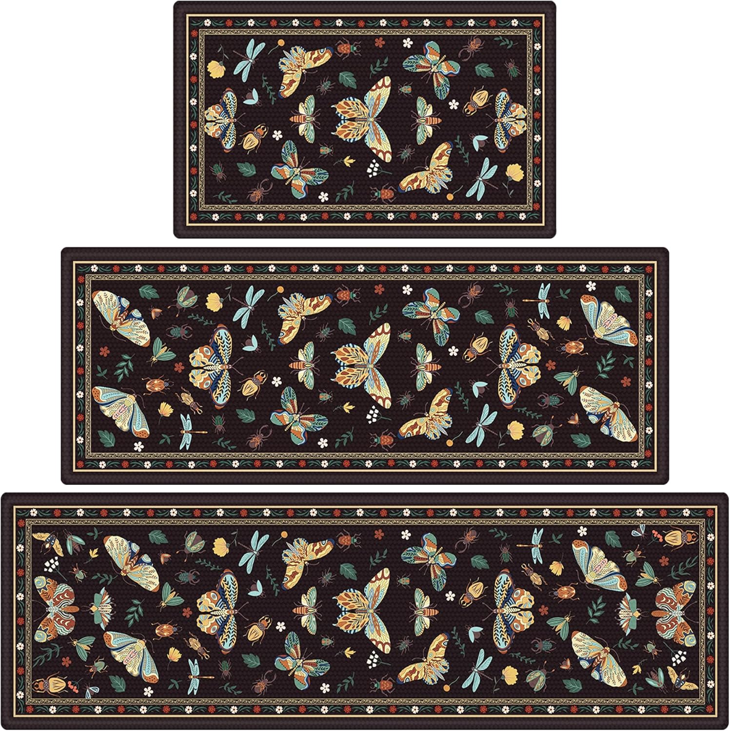 3 Piece Vintage Naturalist Kitchen Rug Set, Green Botanical Butterfly Insect Print Floor Mats, Non Slip Waterproof PVC Mats for Kitchen Laundry Hallway, Retro Nature Inspired Home Decor