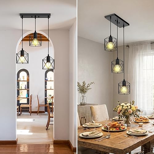 Miniatura 5 de Iluminación Colgante de 3 Luces, Luminaria Colgante Estilo Granja para Isla de Cocina y Comedor, Lámpara de Techo Industrial Vintage con Base E26,