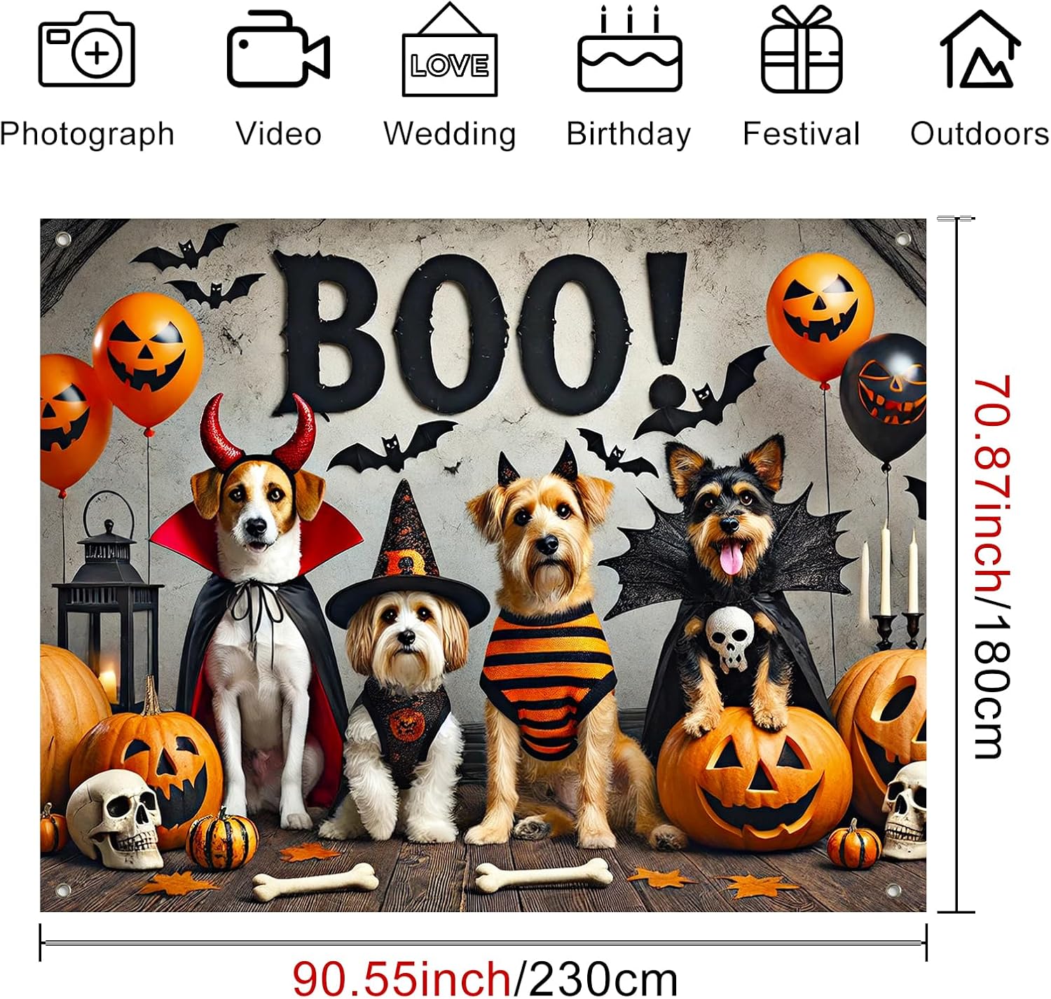 BlissYard Halloween Dog Backdrop Banner 8x6ft Boo Pumpkin Banner with Pet Costume Witch Devil Vampire Bat Skull Design Trick or Treat Photo Booth Background for Kids Party Decoration