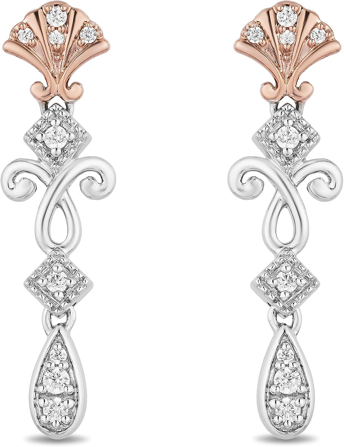 Jewelili Enchanted Disney Fine Jewelry 14K Rose Gold over Sterling Silver 1/6 CTTW Diamond Ariel Shell Earring