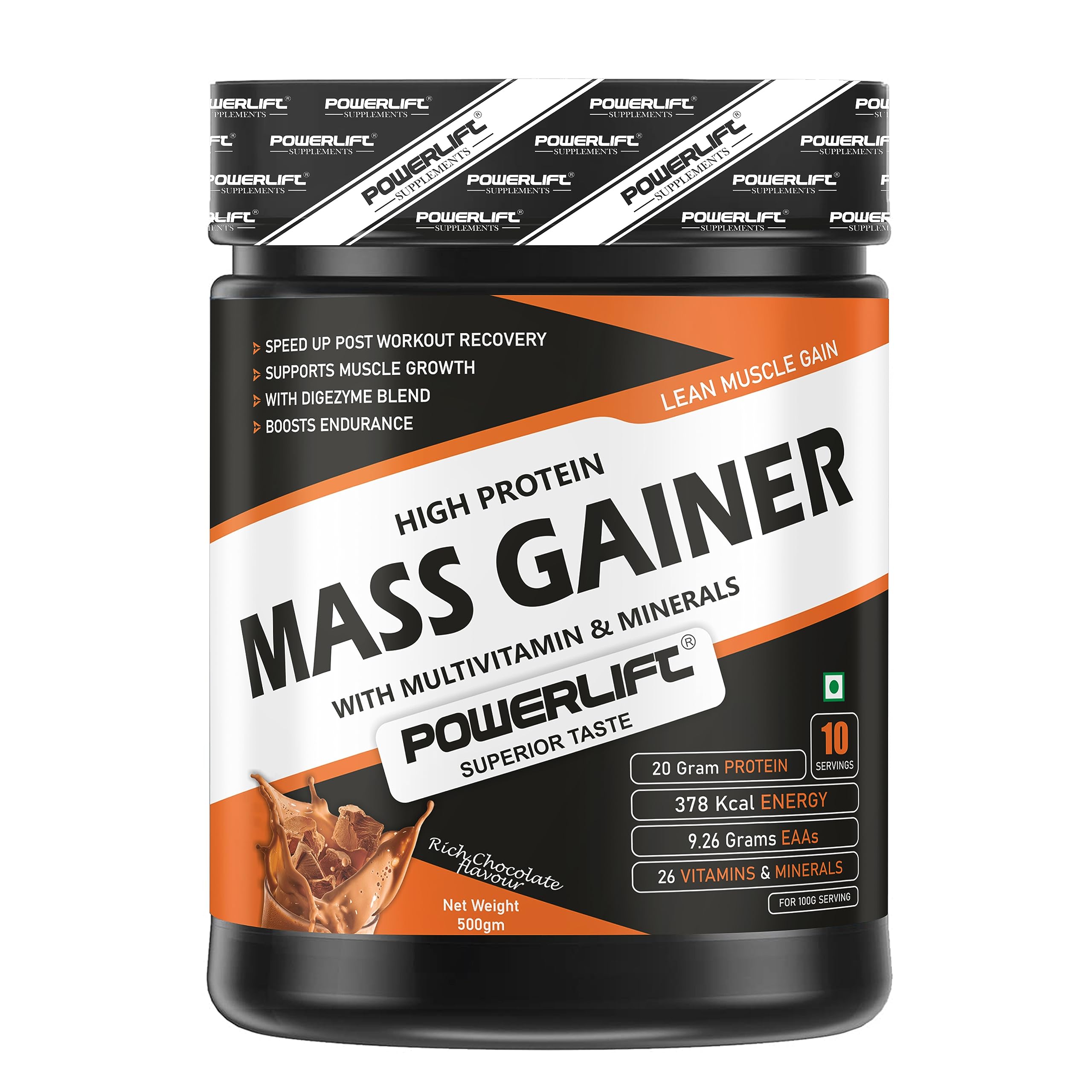 PowerLift Muscle Mass Gainers Protein Powder (500gm, Rich Chocolate) 20G Protein, 71G Carbs | Raw Whey from USA | For Muscles Gain | With Digezyme Blend, added Multivitamins & Minerals (B09WKVLZHR) Amazon Price History, Amazon Price Tracker