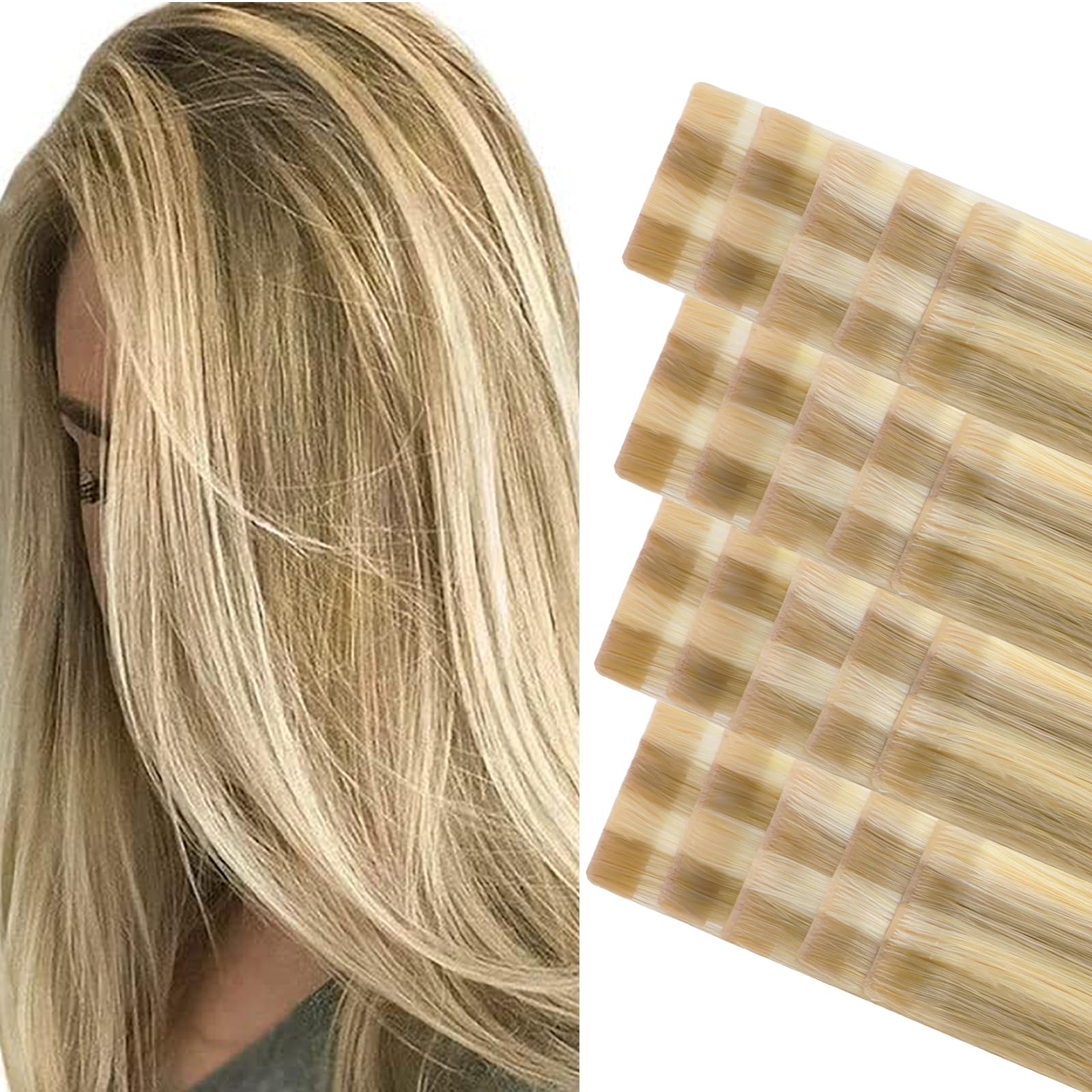 GOO GOO Invisi Edge Tape in Hair Extensions Human Hair, 16/22 Light Blonde Highlighted Golden Blonde 20pcs 20inch 50g, Virgin Remy Hair, Seamless
