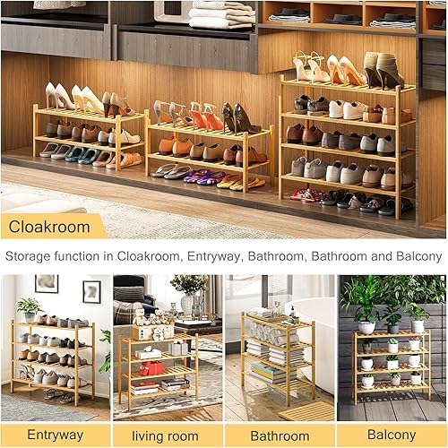 Miniatura 98 de Zapatero de bambú de 2 niveles para entrada, apilable, resistente, multifuncional, zapatero independiente para dormitorio, pasillo, armario Natural