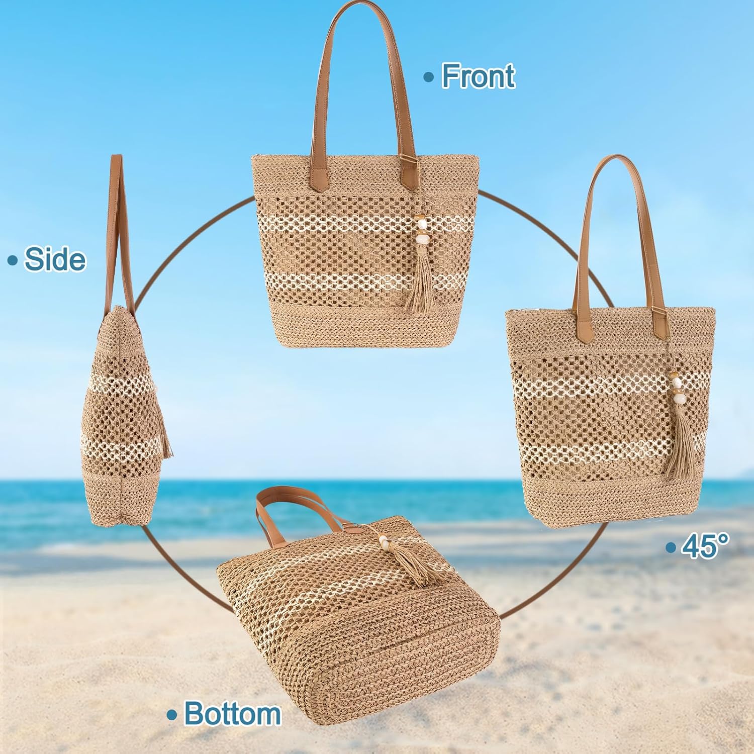 Straw Beach Tote Bag Women - 2026 Handwoven Summer Purse Handbag with Zipper Perfect for Vacation Travel Pool | Large Roomy, Zipper Closure, Lightweight Foldable, Ideal Summer Gift, Portable Beach Bag, Boho Style