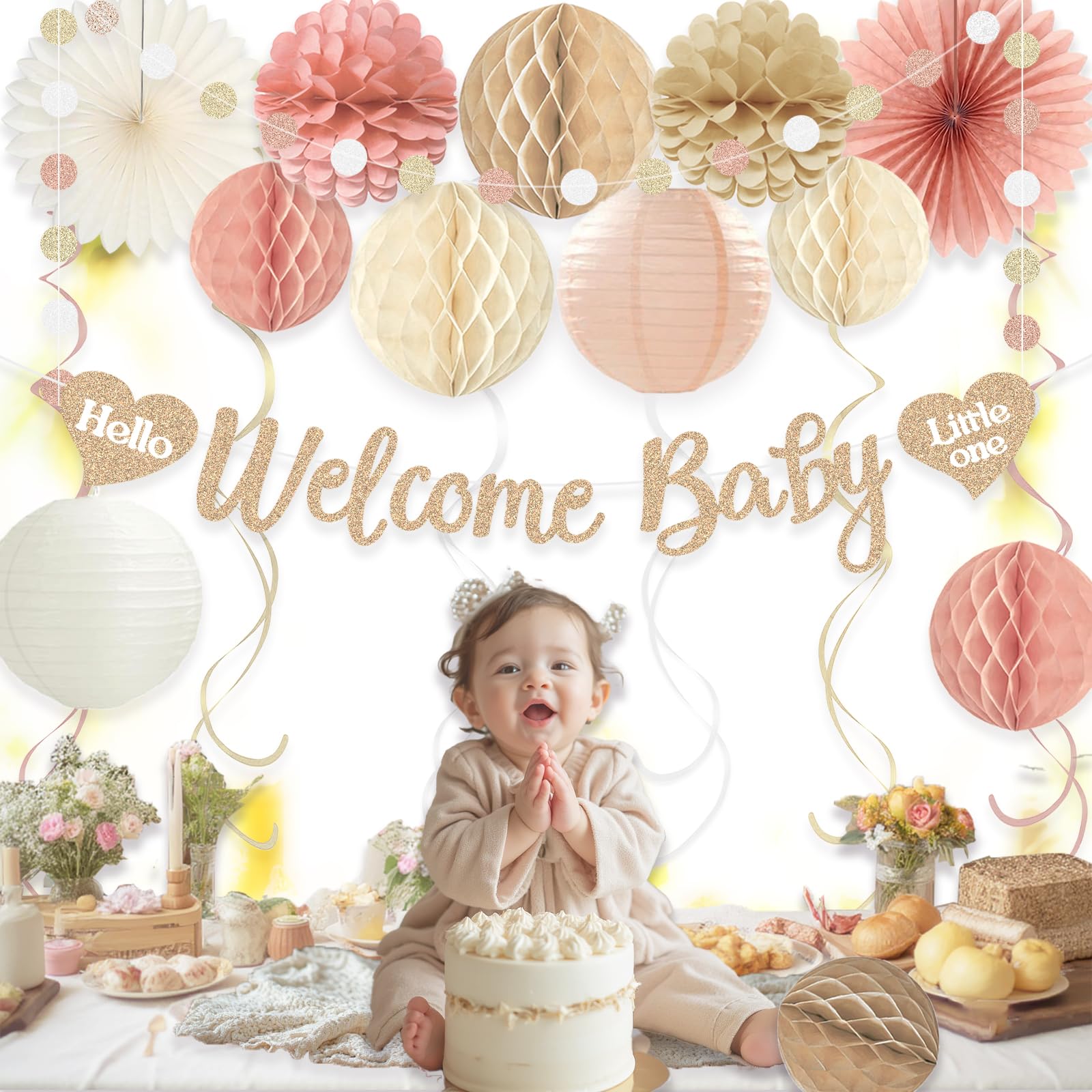 Boho Baby Shower Decorations for Girl, Pre-Strung Welcome Baby Banner with Honeycomb Balls, Paper Flowers, Lanterns, Fans, Hanging Swirls, Circle Dots Garland for Girl Baby Shower Decorations 24pcs