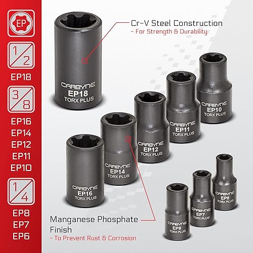 Miniatura 3 de CARBYNE Juego de enchufes Torx Plus externos de 9 piezas (eTorx Plus, también conocido como 6 lóbulos, hembra Torx Plus) E6 a E18  Acero CrV, 14, 38