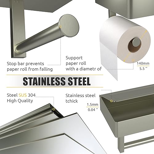 Miniatura 4 de SAYONEYES Soporte de papel higiénico de níquel cepillado con estante y almacenamiento, soporte para toallitas desechables de acero inoxidable SUS304