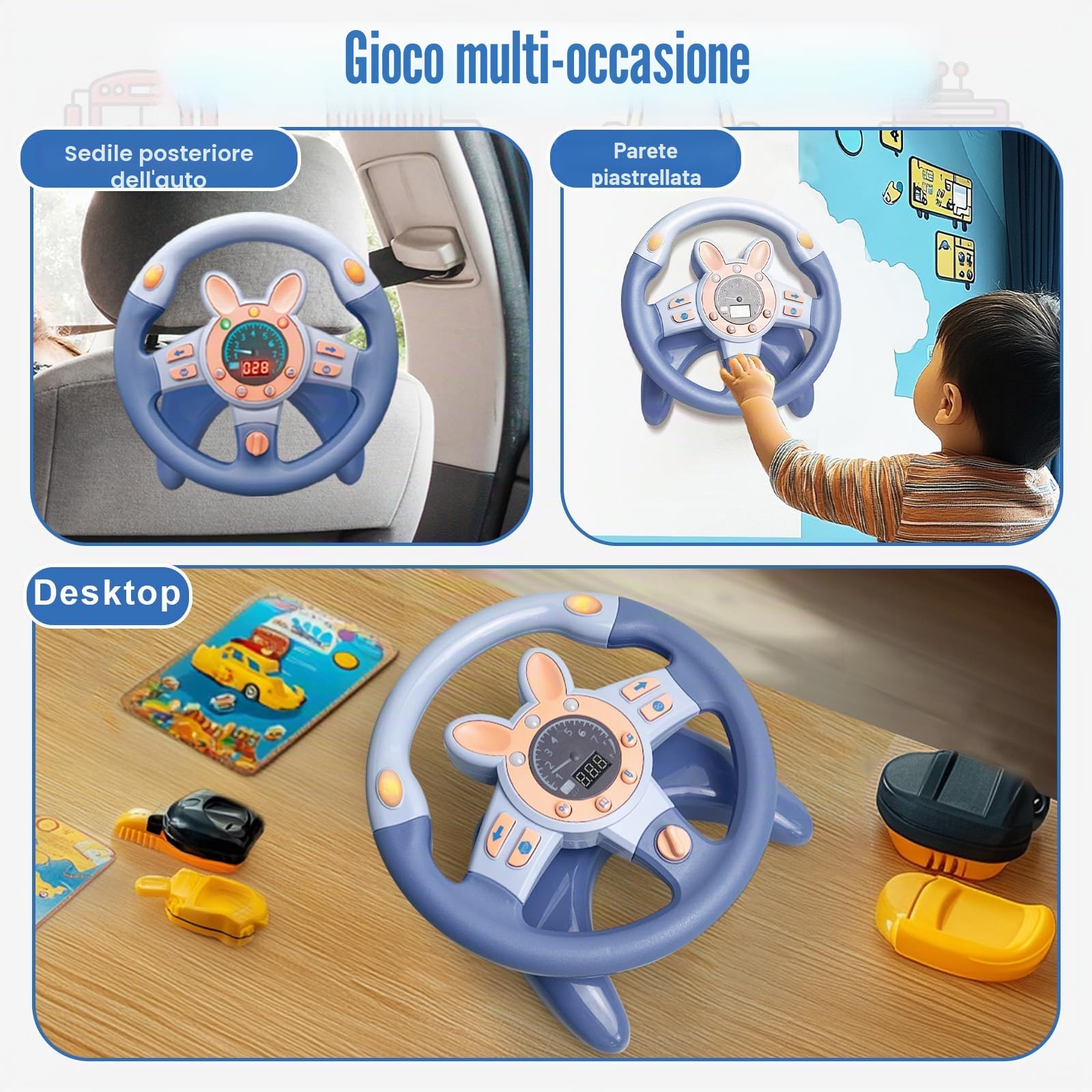 Volante Giocattolo per Bambini, Simulatore di Guida Bambini con Giochi Musicali, Luci e Vibrazioni, Gioco di Ruolo 360°Ruota Volante Giocattolo per Auto 3 5 6 Anni (Blu)
