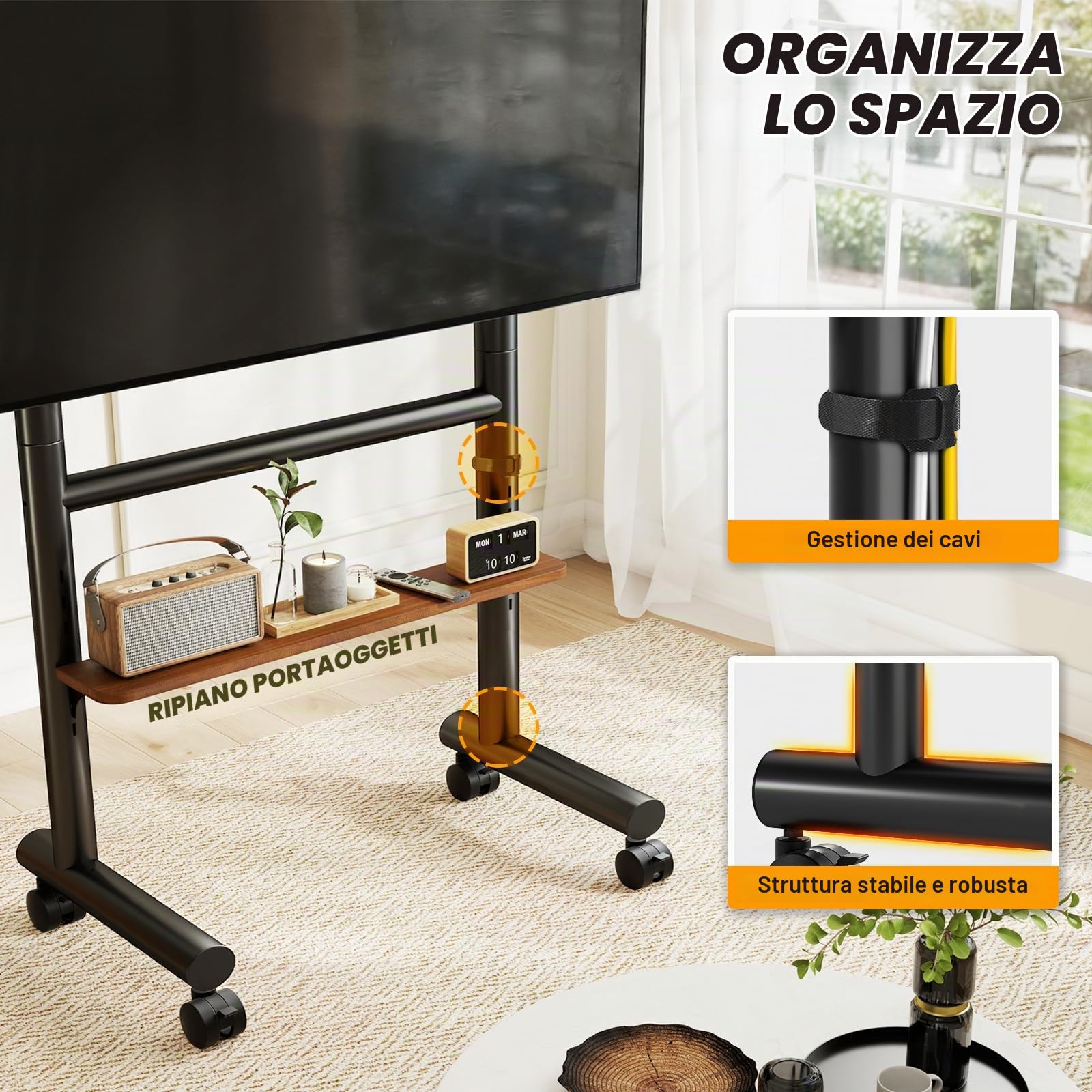 5Rcom Supporto TV Mobile con Ruote per Televisori 40-85 Pollici, Carrello TV Resistente con Ripiano & Portata 60kg – Design Regolabile, Mobilità Facile & Salvaspazio, Telaio Nero