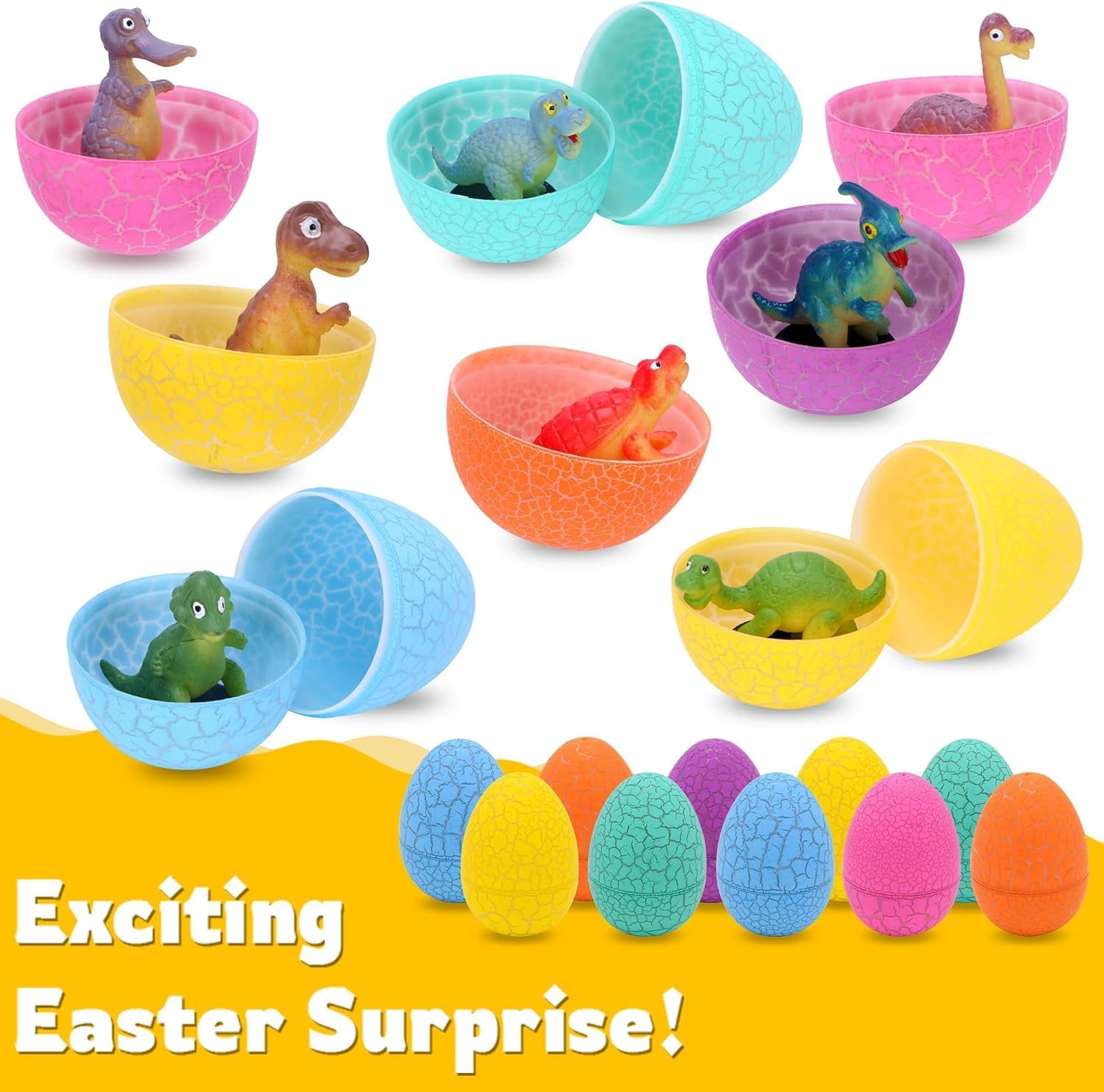 Kiddelo 12 Pack Prefilled Easter Eggs With Toys, Dinosaur Easter Basket Egg Hunt Stuffers, Pre Filled Easter Eggs Fillers for Kids Gifts Party Favors, Goodie Bag Stuffer, Pinata Filler, Easter Prizes