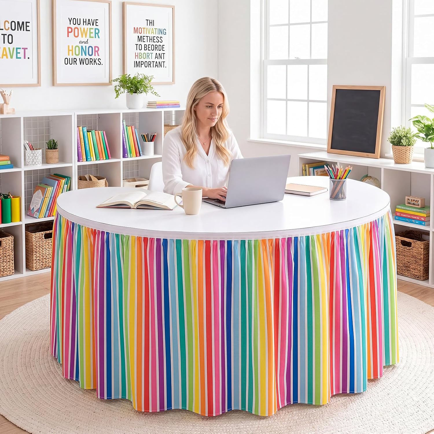 Hahafelt 9 ft Classroom Desk Skirt Teacher Table Decor, Rainbow image 4