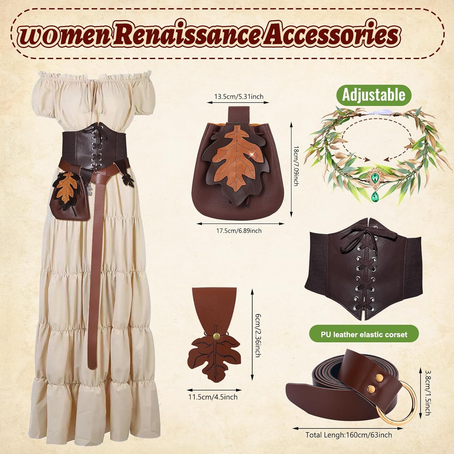 7 Pcs Renaissance Costume Women-3 Minute Quick Ren Faire Costume-Renaissance Dress-Corset-Medieval Belt- Fairy Crown - Image 2
