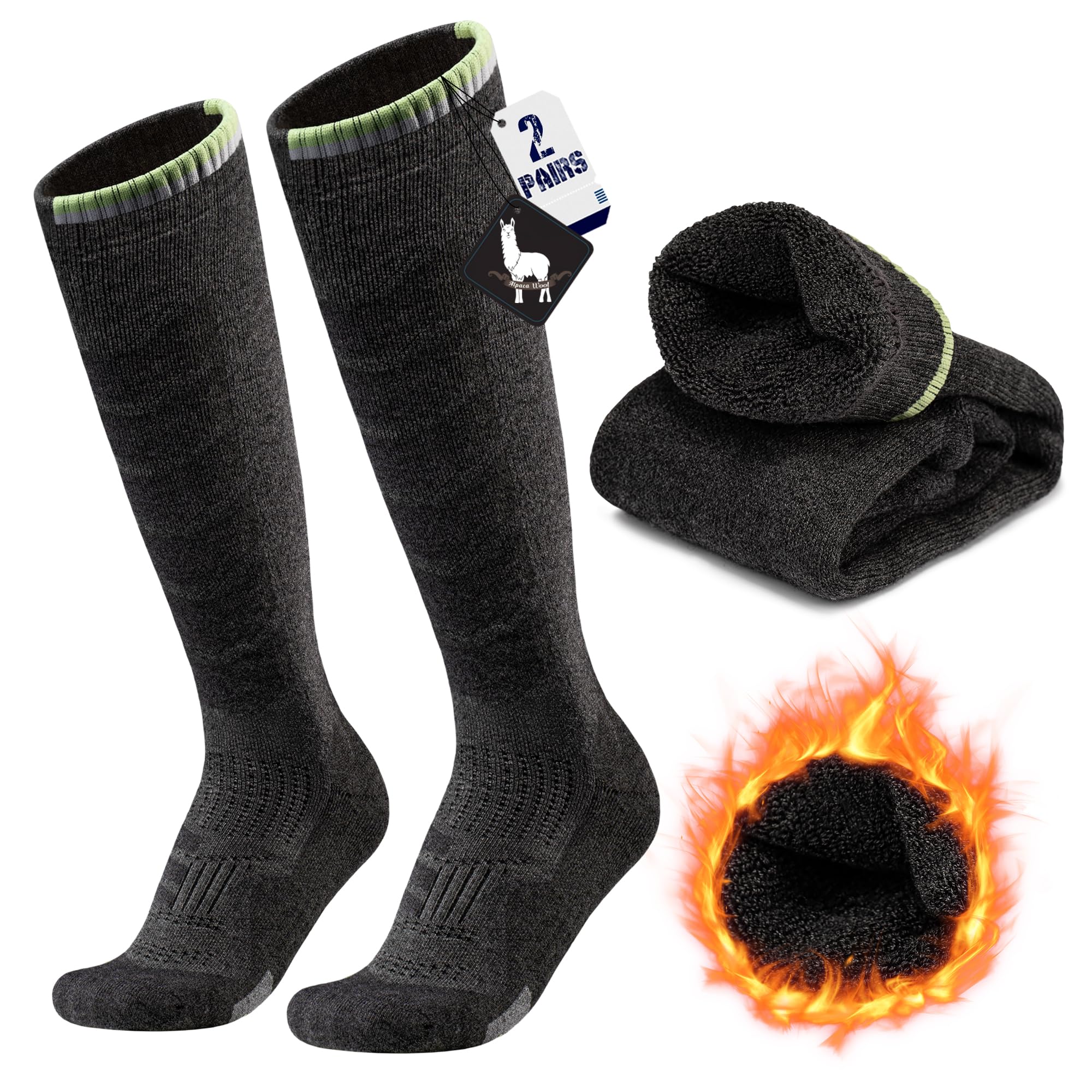 2 Paia Calze Sci in Lana Alpaca Per Uomo e Donna, Calzini Invernali Caldi a Compressione fino al Ginocchio per Sci, Snowboard e Sport Invernali, Escursionismo e Passeggiate, Taglia 35-51