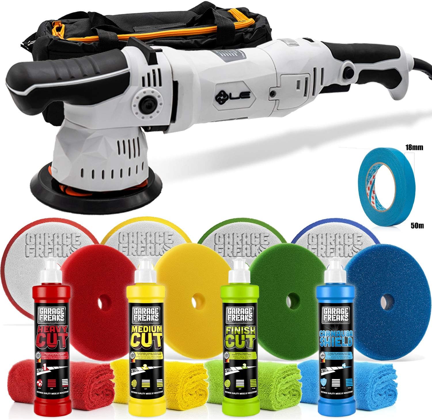 Garage Freaks Liquid Elements Polish Set: Liquid Elements T3000 V3 Eccentric Polishing Machine + 3M Masking Tape 18 mm + 4 Polishes 250 ml + 4 Pads 150 mm + 4 Microfibre Cloths