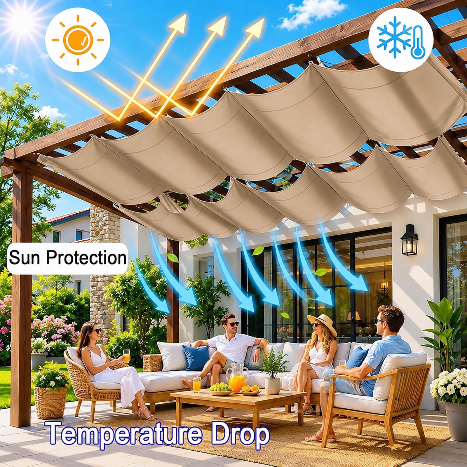 Ausziehbares Wellen-Sonnensegel 1.3 x 5.8 m PES Markisenstoff Sonnenschutz Wasserdicht Stabil Windabweisend Sonnensegel Wasserdicht mit Ösen für Balkon Terrasse Garten, Khaki