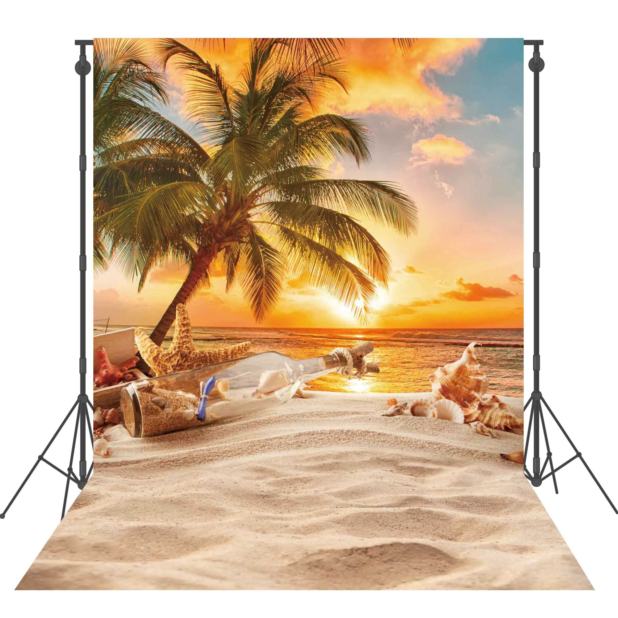5X7ft Polyester Summer Beach Seaside Sunset Backdrop Tropical Hawaiian Ocean Palm Tree Photography Background for Aloha Luau Party Decoration Supplies Banner Photo Booth Props
