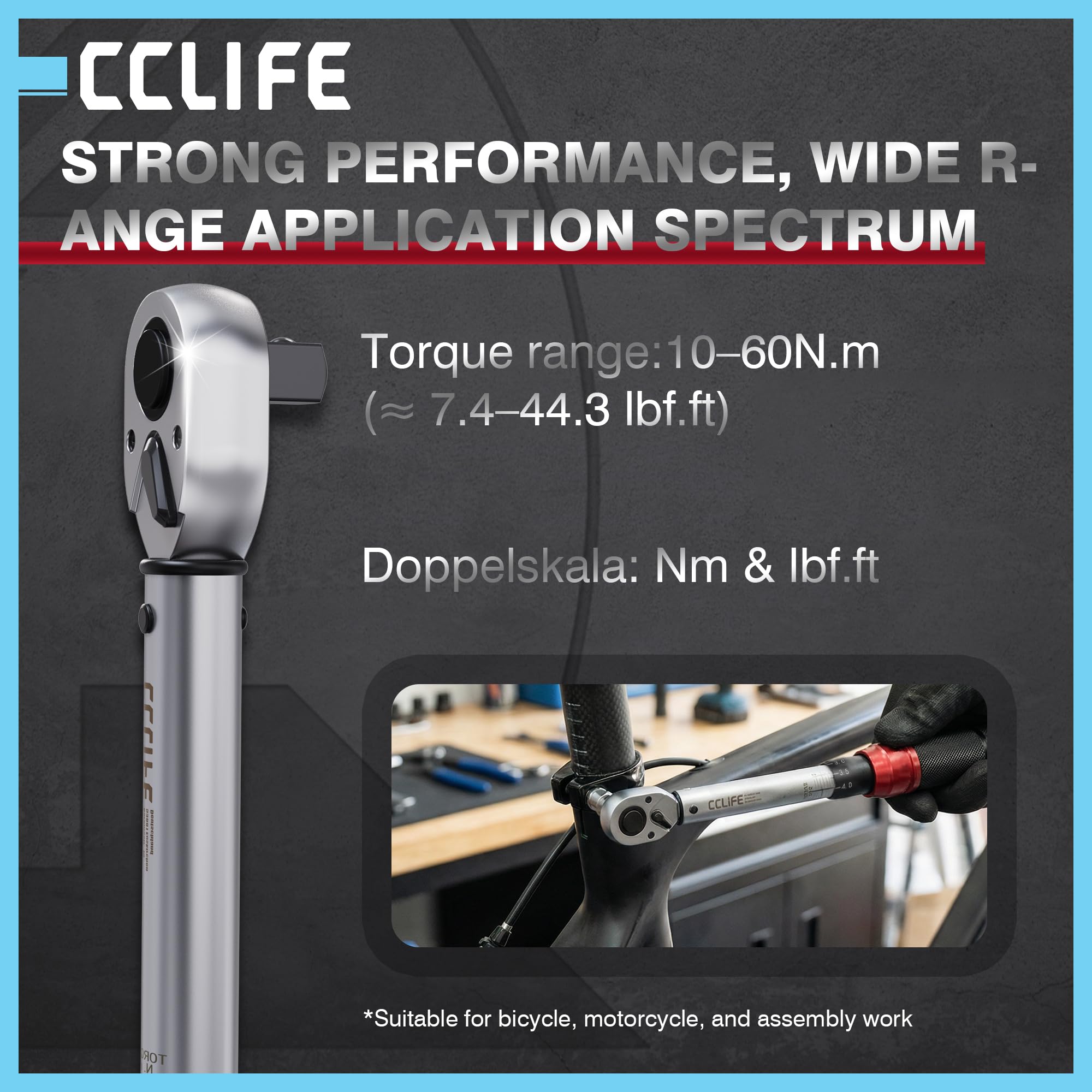 CCLIFE Llave dinamométrica de 3/8 pulgadas Click 10 – 60 N·m – Llave de torsión precisa de acero Cr-V con 72 dientes de trinquete y escala de fácil lectura para bicicleta, motocicleta y taller
