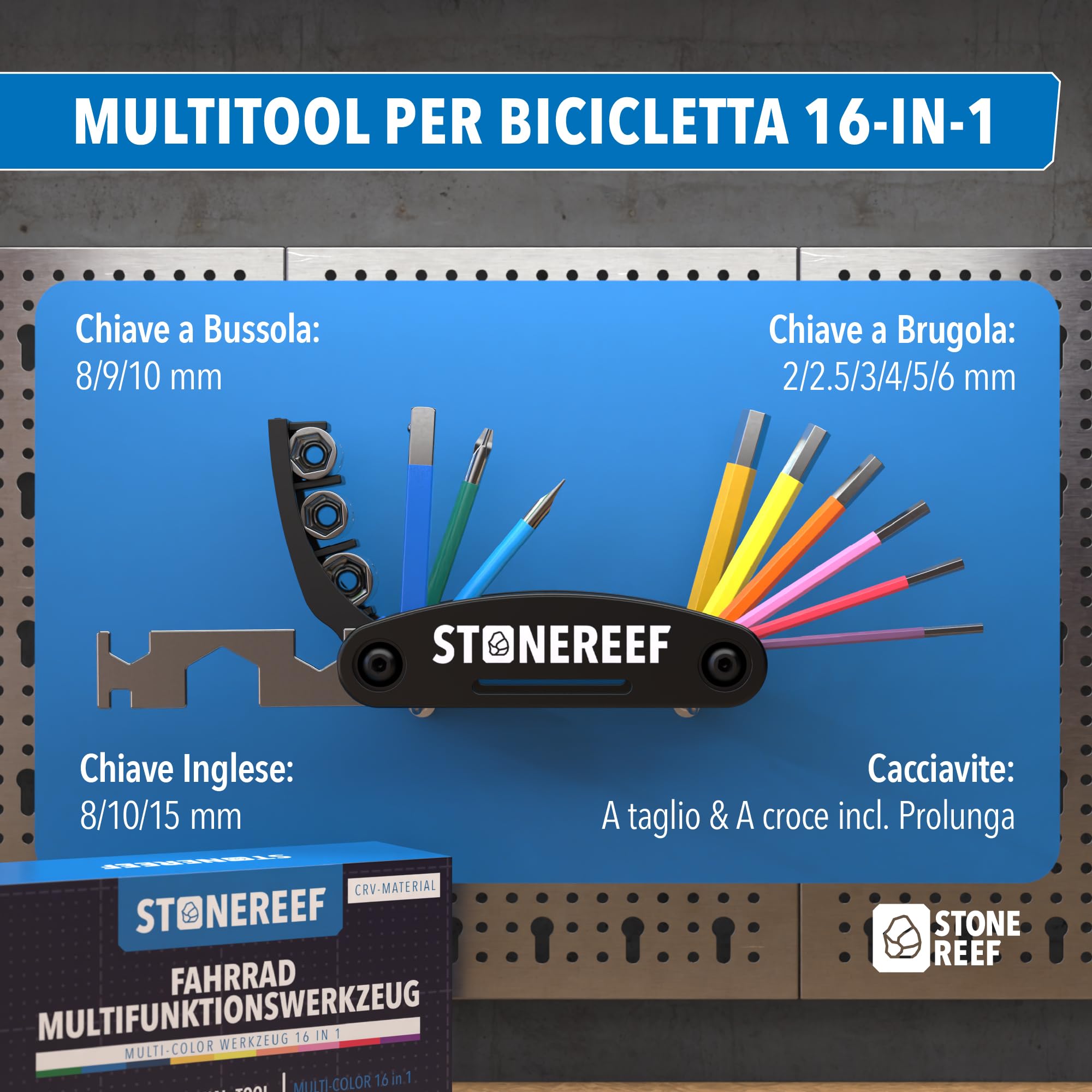 16 in 1 - Utensile CRV con chiave esagonale da 2 a 6 mm, chiave a bussola 8/9/10 mm, cacciavite a croce e a taglio, chiave a bussola 8/10/15 mm, set di attrezzi per bicicletta per MTB e bici da strada