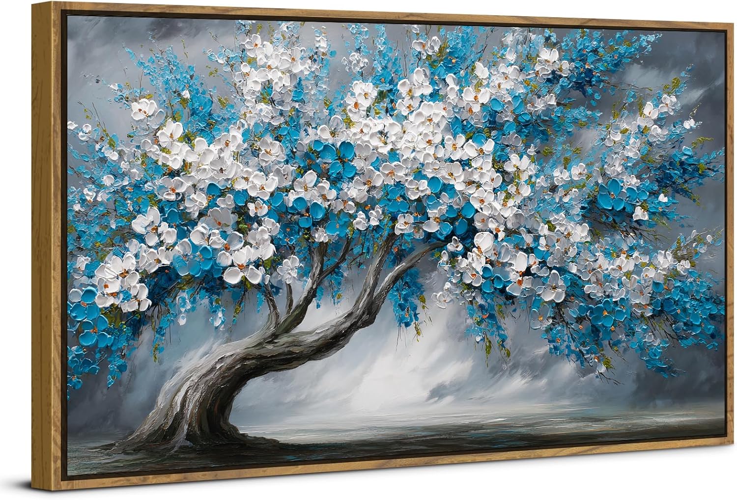 Framed White Blue Tree Wall Art Tree of Life Picture for Living Room Colorful Flower Decor Abstract Nature Scenery Texture Prints Canvas Painting Watercolor Artwork Bedroom Kitchen Decoration 24x48