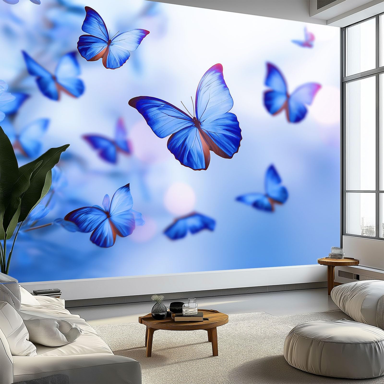 Fototapeta 3D 350 x 256 cm - niebieska włóknina tapeta ścienna do salonu i telewizora biura - dekoracja XXL niesamoprzylepna marzyciel światło i cień motyle w locie