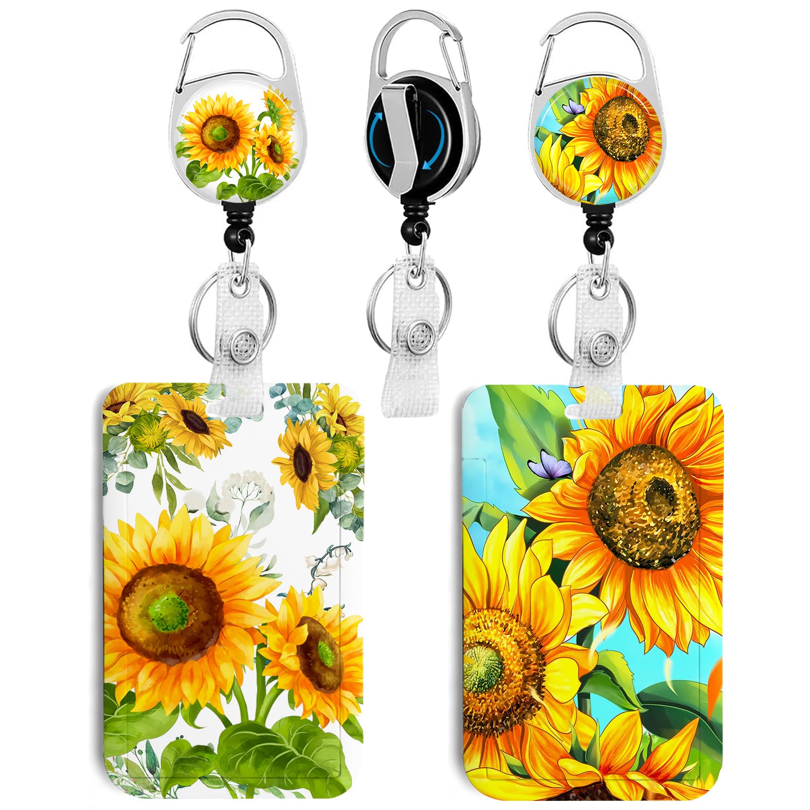 2 Pack Sunflower ID Badge Holder with Clip Badge Reels Retractable Heavy Duty,Keychain，ID Holder for School Nurse Office