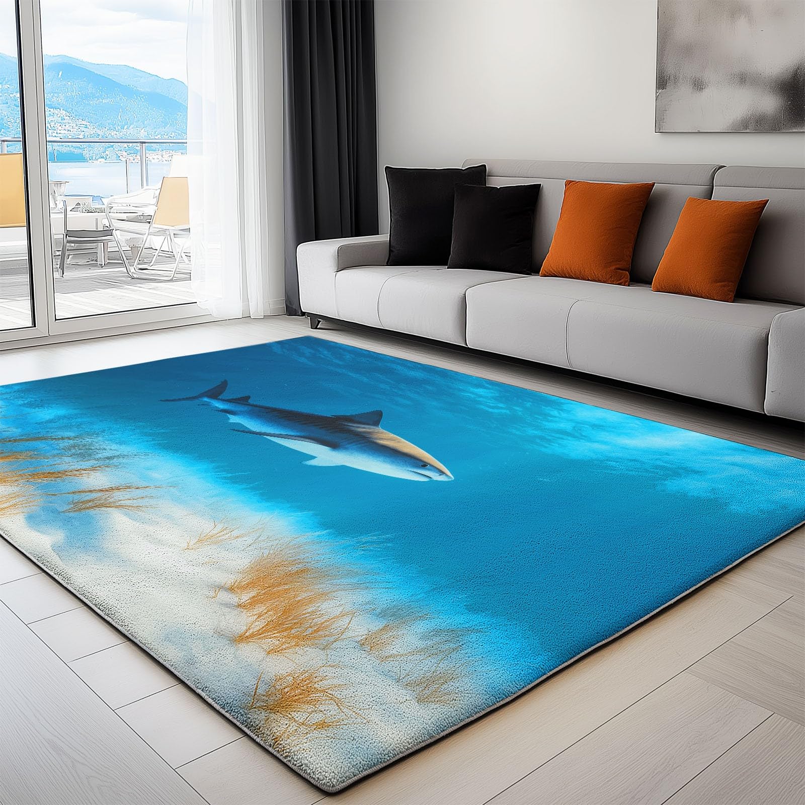 Tapis décoratif moderne bleu clair animaux marins flanelle