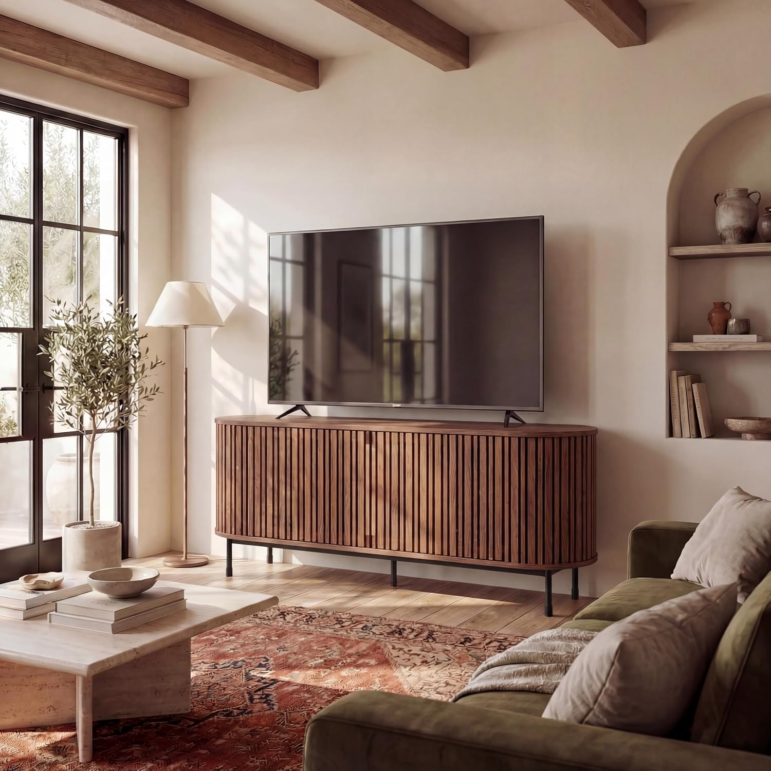 SAFAVIEH Home Collection - Enid Walnut & Black Sideboard Media Stand, 2-Door Entertainment Console, Slatted Modern Design, Fits up to 65" Flatscreen TV (MED9644A)