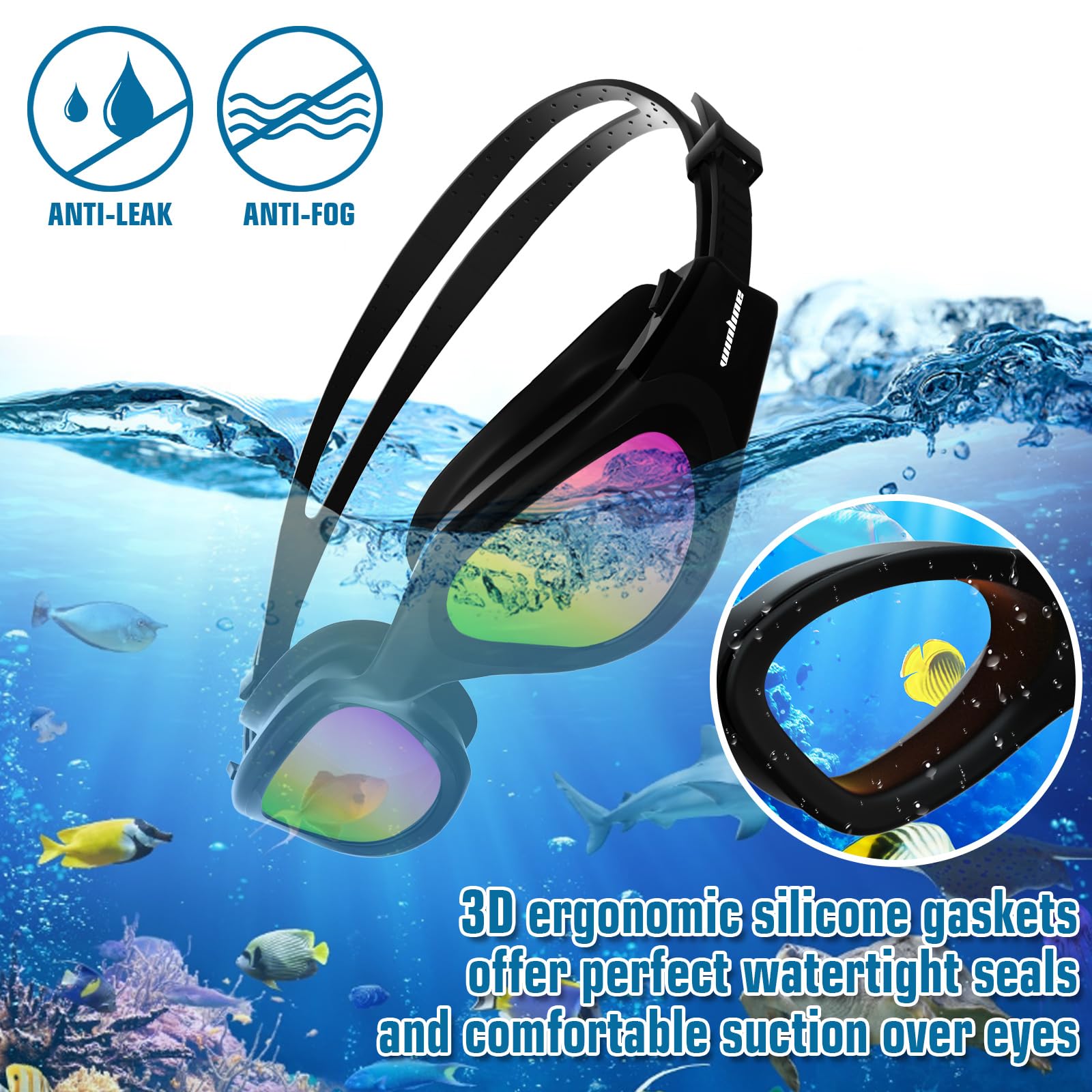 Winline Occhialini da Nuoto Polarizzati, Anti-appannamento Anti-perdite con Protezione UV Visione chiara Facile da regolare Con Ponte Nasale Morbido per Uomo Donna Adulti e Adolescenti