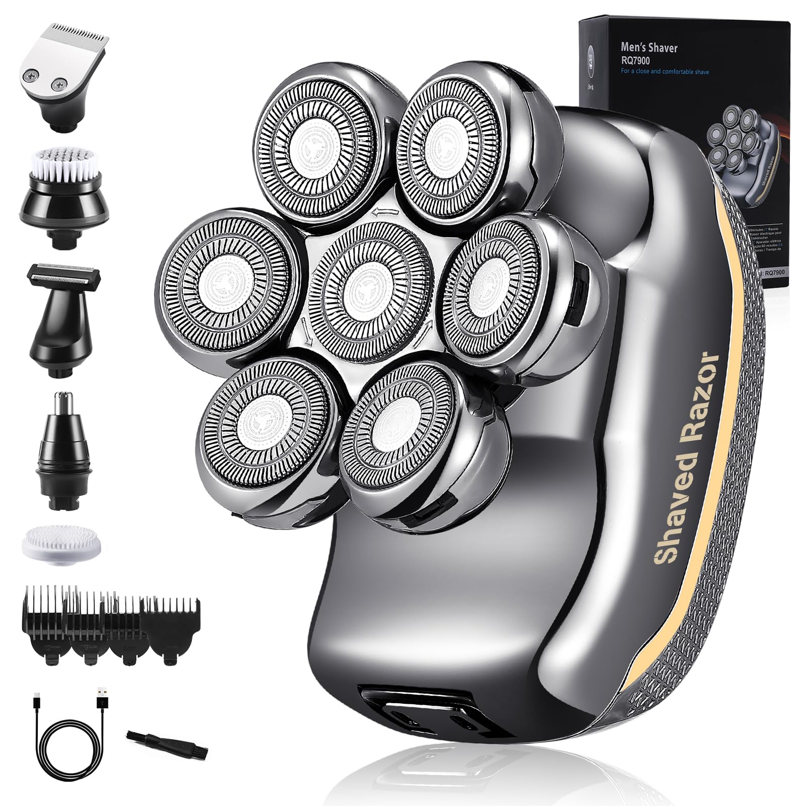 Maquina de Afeitadora Electrica Cabeza Hombre: Maquinilla Navaja Afeitar para Calva Inalámbrica con 7 Cabezales Rotativo Impermeable USB Recargable Calvo Head Shaver Máquina de Cortar Pelo Neceser
