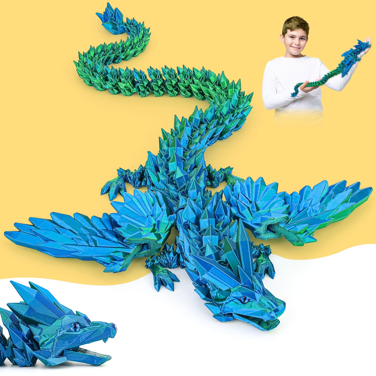 Nerbixy 24 inch Large 3D Printed Dragon with Wings Blue green