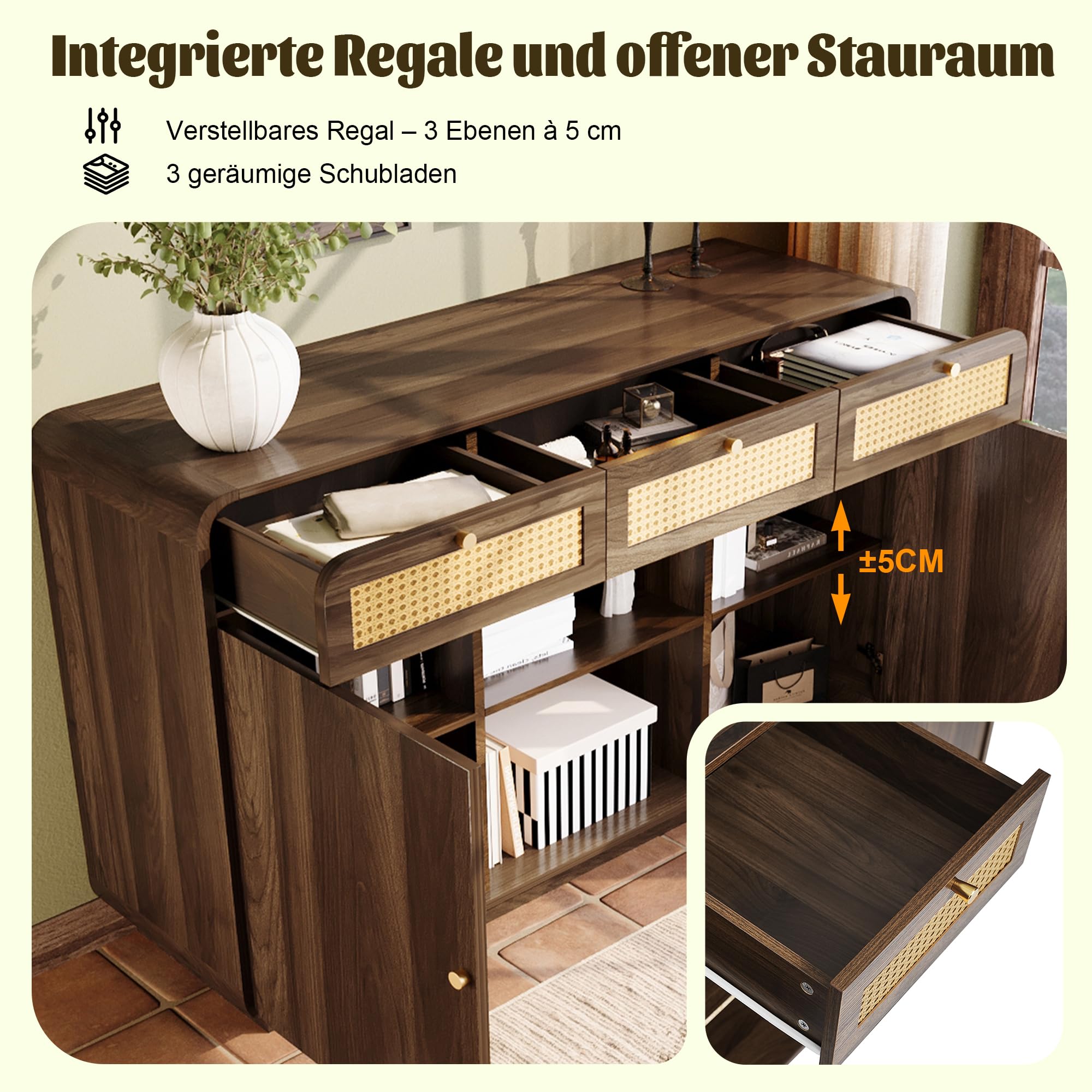 BTM Commode Sideboard 120cm Noyer, Armoire À Tiroirs avec Rotin & Poignées Dorées, 3 Tiroirs + 2 Armoires + Rangement Ouvert, Étagères Réglables, H85/B120/T40cm