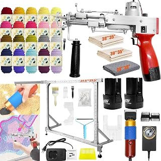 Tufting Gun, Tufting Set Tufting Machine Teppich Pistolen 2 x 2600mAh Akku mit 70 x 70 cm Aluminium Legierungsrahmen Teppichschneider für Schnittflor Schlingenflor 20 Rollen Garn mit Tufting Tücher
