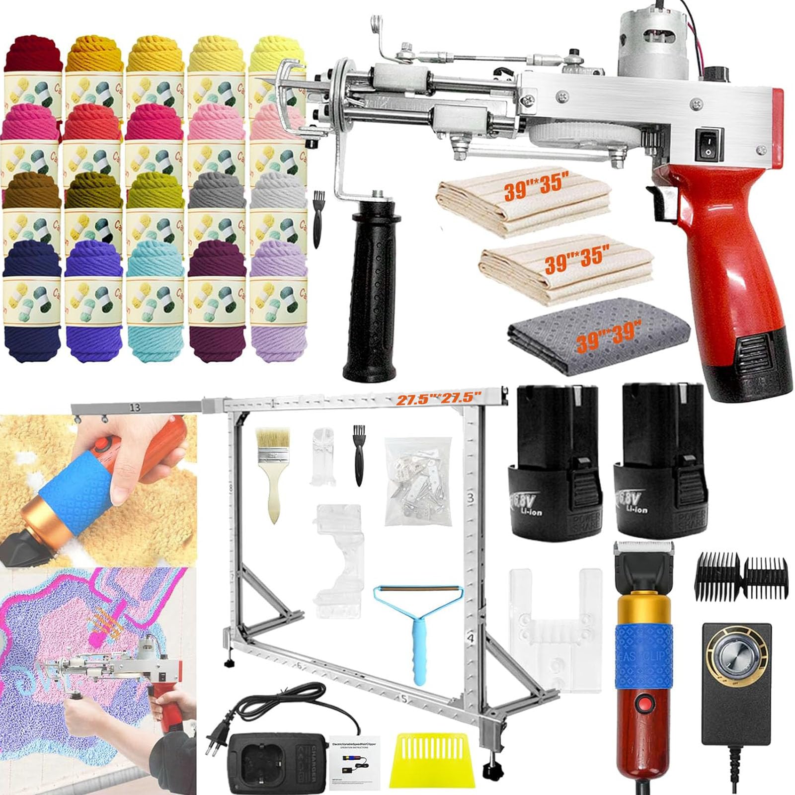 Pistola Per Tufting, Set Tufting Macchina Tufting Pistole Tappeti Batteria 2*2600 Mah Con Telaio In Lega Alluminio 27,5 X 27,5'' Taglierina Tappeti A Pelo Tagliato 20 Rotoli Filato Con Teli Tufting